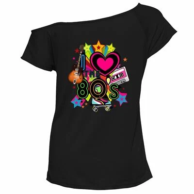 Ladies I Love The 80s Printed T Shirt Womens Off Shoulder Retro Pop Star Top  - Image 1 of 2
