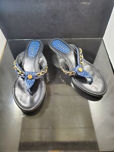 Size 8 Eric Javits Navy/Gold Snakeskin Chain Patent Leather Wedge Sandals