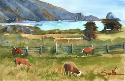 California Cows Pastoral Coastal Landscape Sandra Watercolors™ Archival Giclee - Image 1 of 2