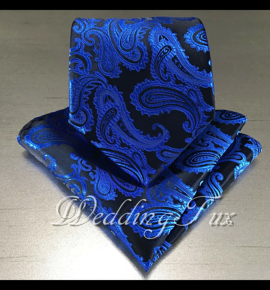 Marca Q Paisley Azul Real Clásico Cuello Corbata Pañuelo Conjunto Fiesta Boda Baile de graduación Foto 1 de 1