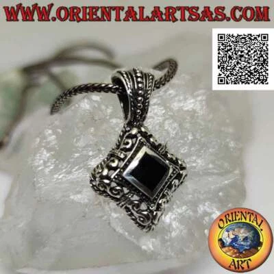 Ciondolo in argento 925‰ onice romboidale contornata da greche su montatura traf - Immagine 1 di 4