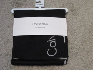 Calvin Klein Logo Mens 2 Pc. Reversible Beanie Hat Scarf Set Black Gray - Picture 1 of 5