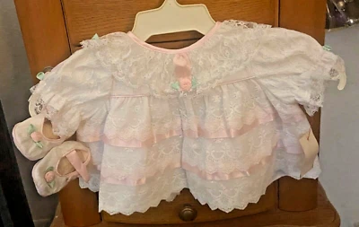 Vintage White Lace Pink Trim Ruffles Roses Sz 3-6 mo w/Shoes NWT - Image 1 of 4