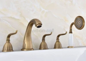 Antique Brass 5 Hole Bathroom Roman Tub Faucet Mixer Tap Set With Hand Shower - Picture 1 of 8