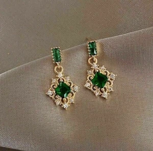 2Ct Princess Cut Simulated Emerald Drop/Dangle Earrings 14K Yellow Gold Plated - Picture 1 of 4
