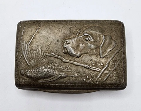 Antique Silver Color Big Snuff Box Hunting Dog Scene Rare Art Nouveau Trinket Cover