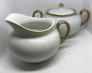 Vtg W H Grindley Cream Sugar Bowl Set W/ Lid Gold Trim White England Porcelain - Picture 1 of 11
