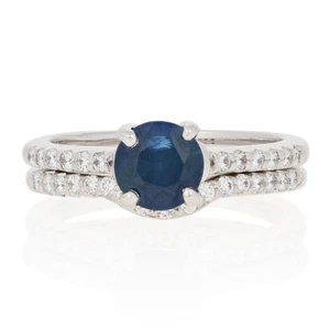 1.67ctw Coupe Ronde Saphir & Diamant Bague de Fiançailles & Mariage Bande 14k Or - Picture 1 of 11