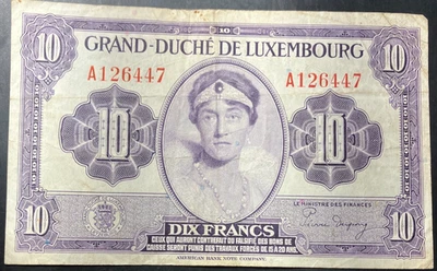 1944 LUXEMBOURG 10 FRANCS - HIGH QUALITY RARE NOTE - Lot #N26 - Image 1 of 2