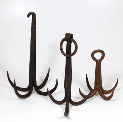 Set of 3 Antique Edo Period Japanese Ninja Kaginawa Iron Grappling Hooks Tools - Image 1 of 4