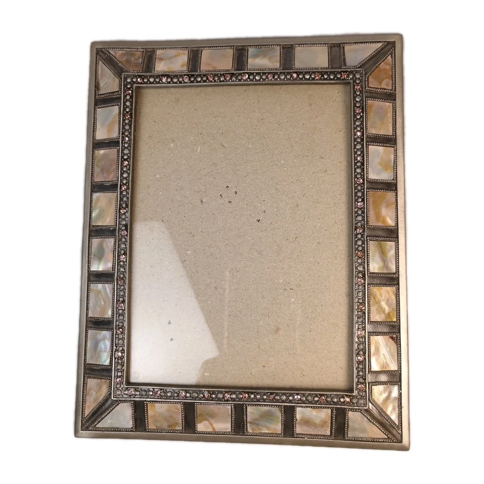 Bevelled Tabletop Frame Mother Of Pearl White Shell Faux Jewels Pewter 5x6 3/4” - Image 1 of 4