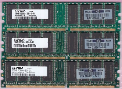 768MB 3x256MB DDR-400 PC3200 ELPIDA EBD25UC8AMFA-5B HP 326667-041 Ram Kit DDR1 - Image 1 of 2