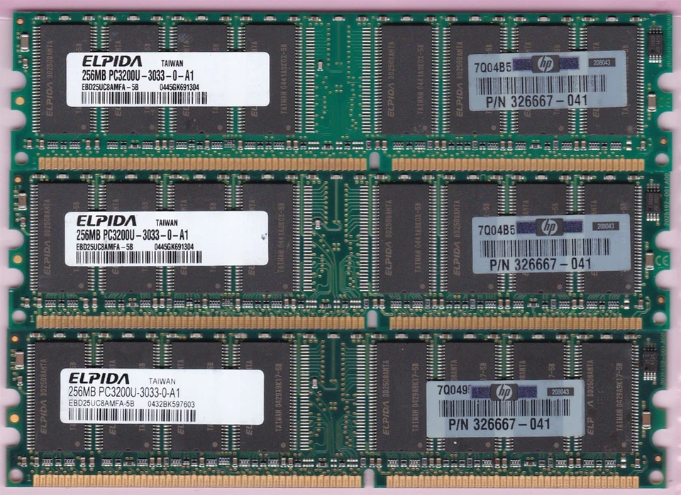 768MB 3x256MB DDR-400 PC3200 ELPIDA EBD25UC8AMFA-5B HP 326667-041 Ram Kit DDR1 - Image 1 of 2