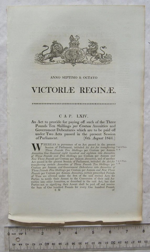 1844 Act of Parliament: £3 10s annuities & Government Debentures - Image 1 of 1