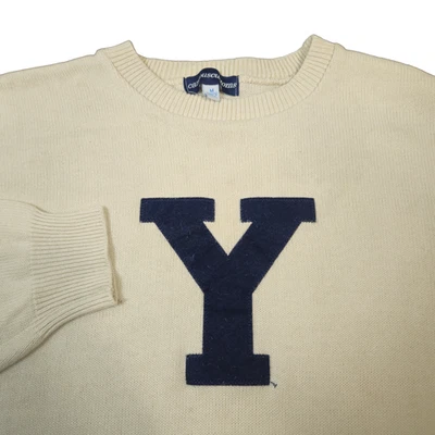 Suéter Universitario Yale Hecho en EE. UU. Marfil con Parche Bordado Tejido Azul Marino M Foto 1 de 4