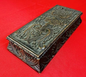 Antique 19th Century European Carved Wood Box Heraldic Crest Leather Base - Picture 1 of 12