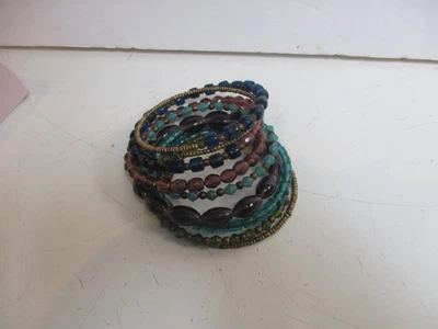 Braided Cuff Bracelet Mixed Beads Memory Wire Multi Rows Blue & Bronze Boho - Image 1 of 4