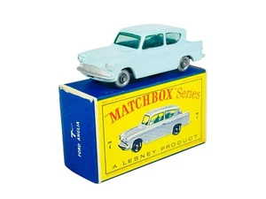 Matchbox Lesney No. 7 SPW Black Base Light Blue Ford Anglia w/D Style Box - Picture 1 of 12
