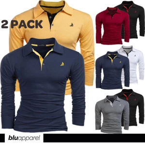 2 Pack Mens Polo Shirts Long Sleeve Multipack Golf Polo for Men T-Shirt UK Grey - Picture 1 of 15