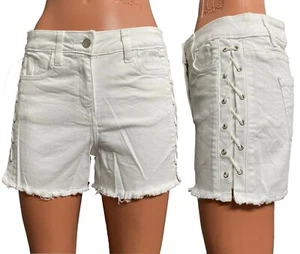 Womens Shorts White Twill High Waist Shorts with Criss Cross Lacing UK 8 - 20 - Picture 1 of 2