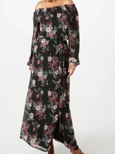 Jones Studio Floral Chiffon Maxi Dress Off Shoulder Long Sleeves Black Pink Sz12 - Picture 1 of 11