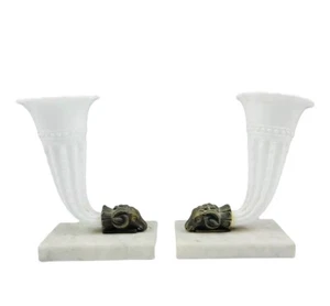 ART DECO BRONZE RAM HEAD MARBLE MILK GLASS CORNUCOPIA 2 VASES SIGNED - Picture 1 of 9