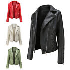 Womens Pu Leather Tops Zipper Jacket Lapel Collar Slim Fit Outwear Lace Up Coat