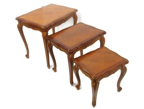 Set of 3 Mid Century Wooden Stacking Nesting Side Tables Inlay Look Cover