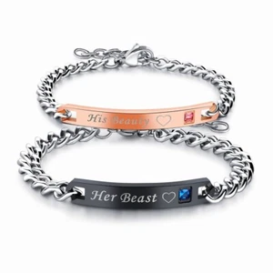 Stainless Steel His Queen/Her King or His Beauty/Her Beast Couple Bracelets - Picture 1 of 16