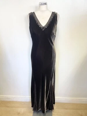 AUSTIN REED КОРИЧНЕВЫЙ ВЕЛЮР ШЕЛК И БЛЕСТКИ ОТДЕЛКА V ШЕИ ДЛИННОЕ ВЕЧЕРНЕЕ ПЛАТЬЕ РАЗМЕР 12 - Изображение 1 из 4