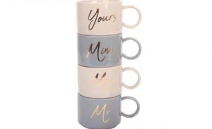 Set of 4 Mr Mrs Stacking Mugs With Gold Words - Picture 1 of 1
