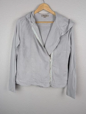 Chaqueta de lino para mujer pequeña gris con capucha cremallera lino algodón bolsillos ligera Foto 1 de 4