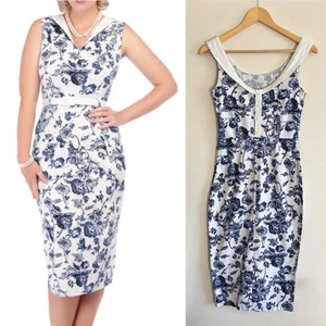 Collectif Vintage Dress Womens Small Fitted White Blue Toile Print Helen Retro - Picture 1 of 16