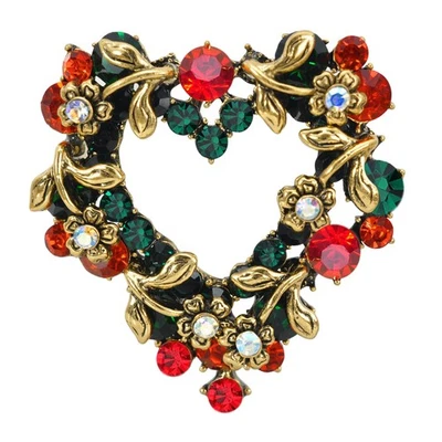 Emerald and Red Colored Crystal Flower Heart Wreath Brooch Pin for Women Foto 1 de 4