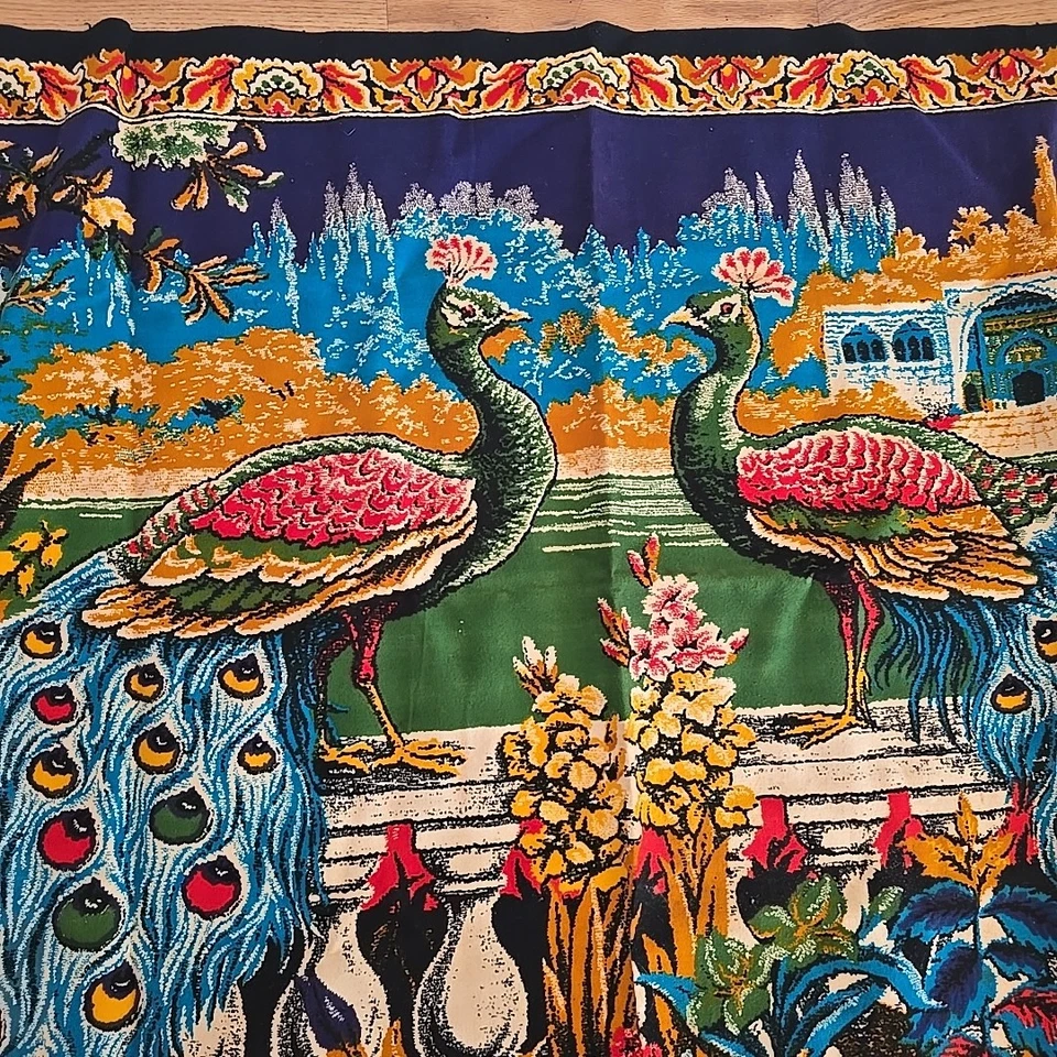 Vtg Wall Hanging Tapestry Double Peacocks Color Cotton Velvet Turkey 38 x 60 in - Image 1 of 4