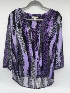 Dana Buchman Woman’s Purple Animal Print 3/4 Sleeved Blouse Hi-Low Size L - Picture 1 of 7
