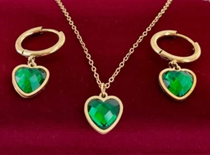 Luxus Edelstahl Herrz Schmuckset Kristall Grün 999er Gold 24K vergoldet Geschenk - Bild 1 von 11