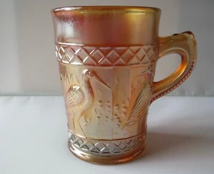 Vintage Dugan Karneval Glas Ringelblume Henkelbecher mit Storch & Binsen Muster - Bild 1 von 7