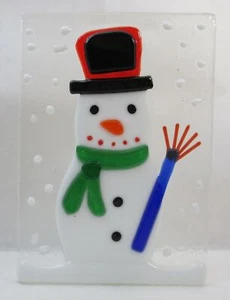 Votive Candle Holder Tea Light Colored Glass Tile Snowy Winter Scene Snowman - Picture 1 of 7