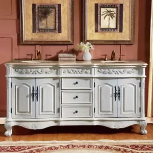 72" Silkroad Exclusive ZY-0250-CM-UWC-72 White Double Cream Marfil Top Vanity - Picture 1 of 4