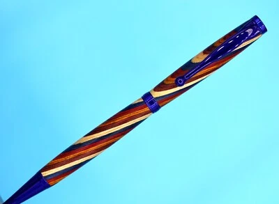 Fancy Slimline Ballpoint pen in Blue Enamel Finish with Color Grain Wood - Image 1 of 4
