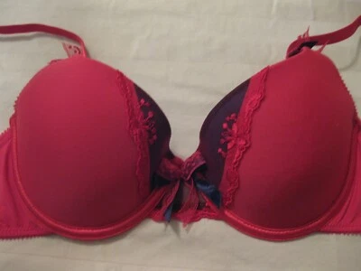 SUJETADOR PUSH UP FELINA ROJO 36B, INSERCIÓN MORADA CON RIBETE DE ENCAJE ROJO EN EL ESCOTE, CON AROS Foto 1 de 4