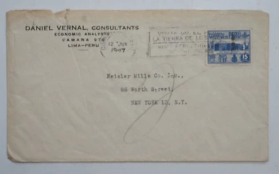 National Museum of Archeology - Blue, 15 cents, Perú 1947 Advertising cover - Image 1 of 2