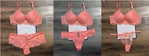Victoria's Secret Very Sexy Push-Up Bra & Panty Set Lace Pink Cocktail Coral - Picture 1 of 10