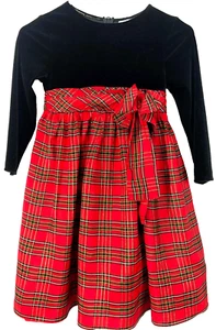 SUGAR PLUM Girls Holiday Dress Size 6 Classic Red Plaid/Tie Black Velvet Top Zip - Picture 1 of 6