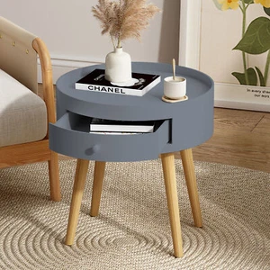 Nightstand Bedroom with Storage Drawer & Oak Legs Bedside Table Sofa Side Gray - Picture 1 of 13
