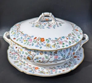 Spode SHANGHAI Covered Vegetable Bowl & Dinner Plate, England Floral Butterflies - Picture 1 of 12