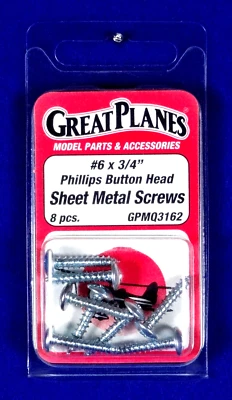 GREAT PLANES #6 X 3/4" BUTTON HEAD SHEET METAL SCREWS (8)( PART # GPMQ3162 ) - Image 1 of 2