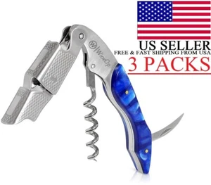 Professional Double Hinged Wine Bottle Opener Corkscrew Key | 3 BlueResin Handle - Picture 1 of 9