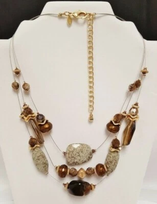 COLLAR CHICO'S DORADO, MARRÓN Y GRIS CON CUENTAS TRIBAL BABERO PLACA DE 3 HILOS V206 Foto 1 de 4
